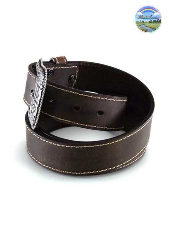 Genuine Leather Western Belt with Heavy Stitch and Floral Buckle main image 2